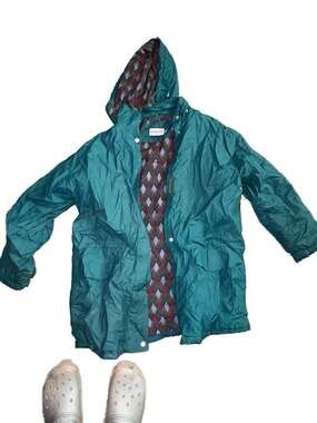 Vintage London Fog Teal Hooded Rain Jacket with Argyle Flannel Lining